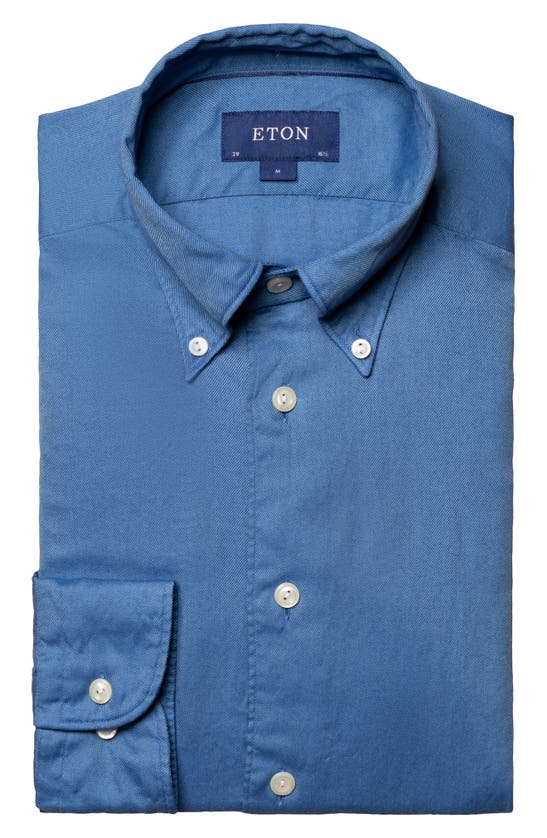 ETON Slim Fit Cotton & Tencel Flannel Shirt in Medium Blue