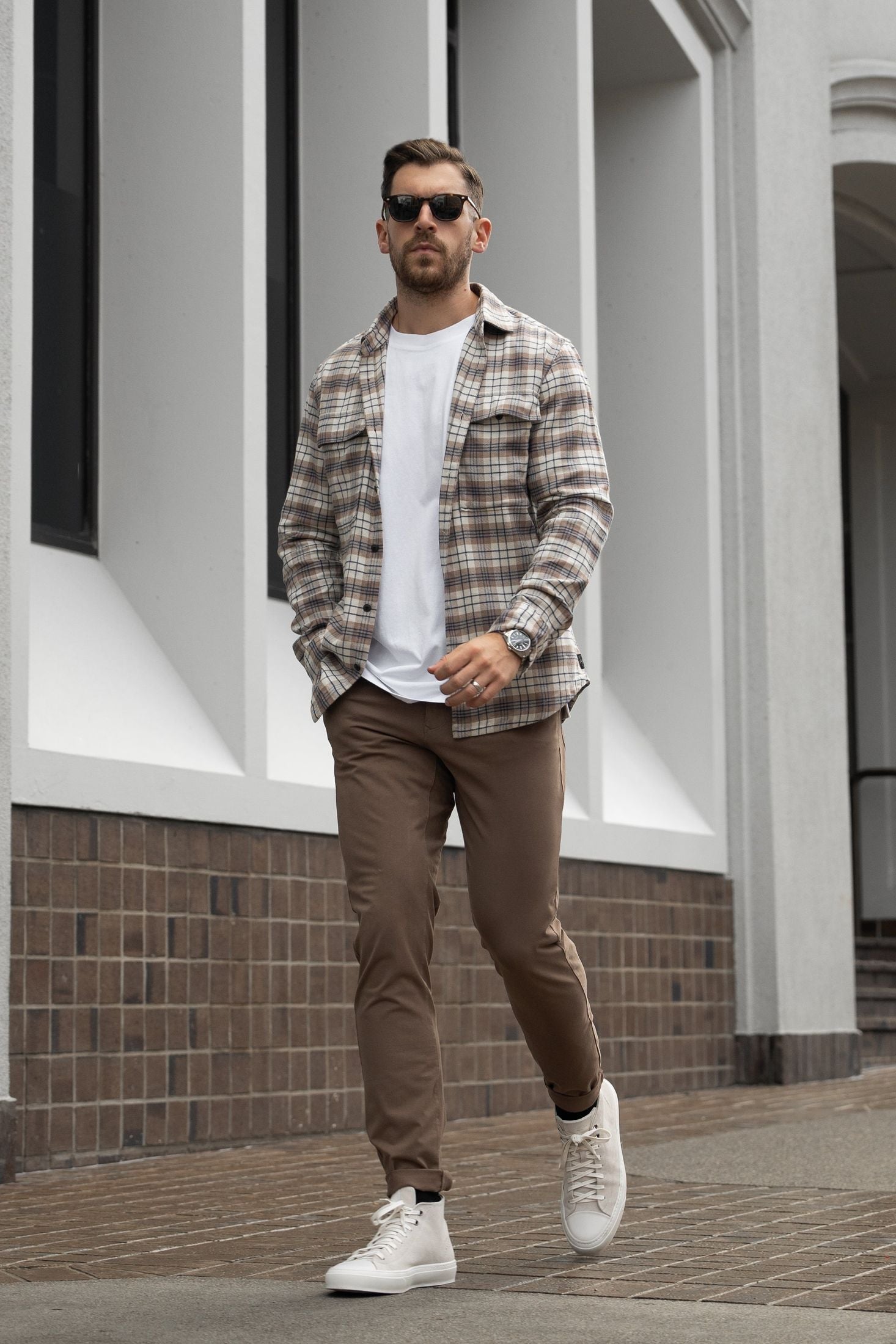 Good Man Brand Brushed Flannel Jacket- Taupe Grey Check