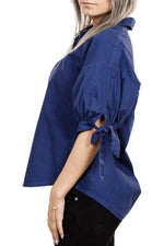 Velvet Meryl Cotton Poplin Tie Sleeve Button Up in Navy