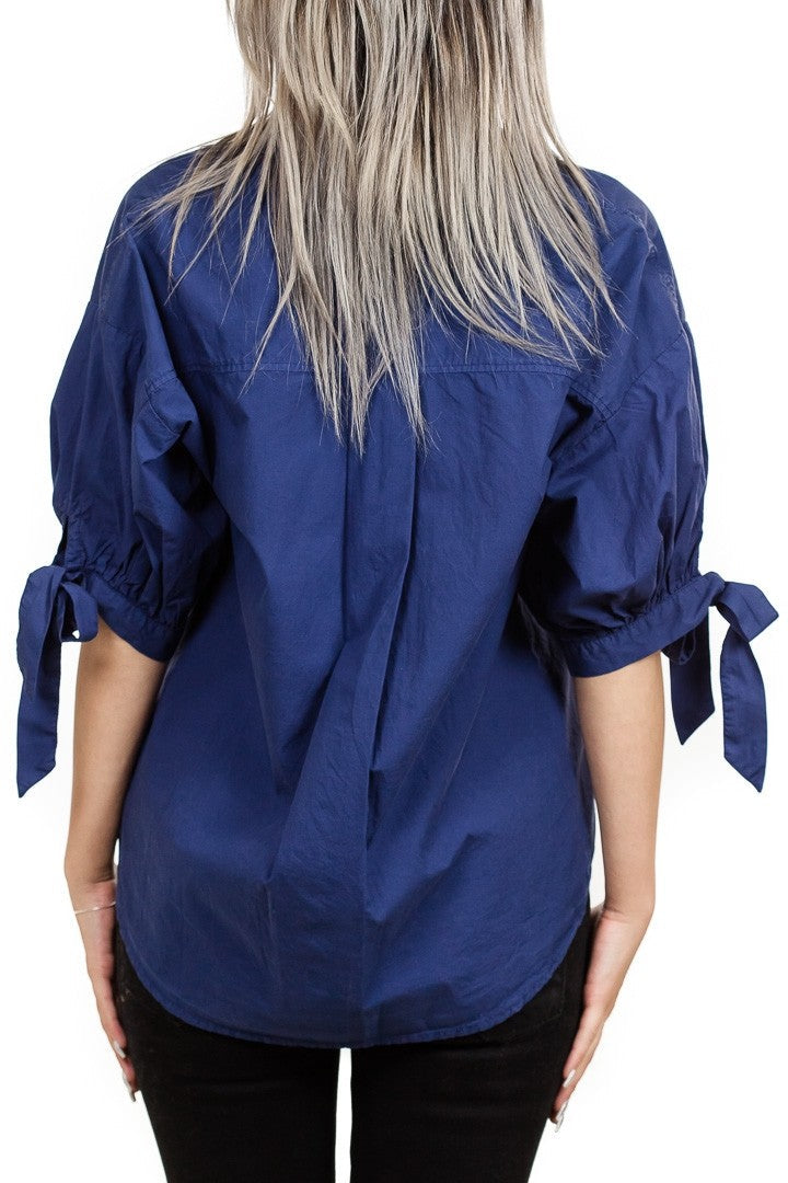 Velvet Meryl Cotton Poplin Tie Sleeve Button Up in Navy