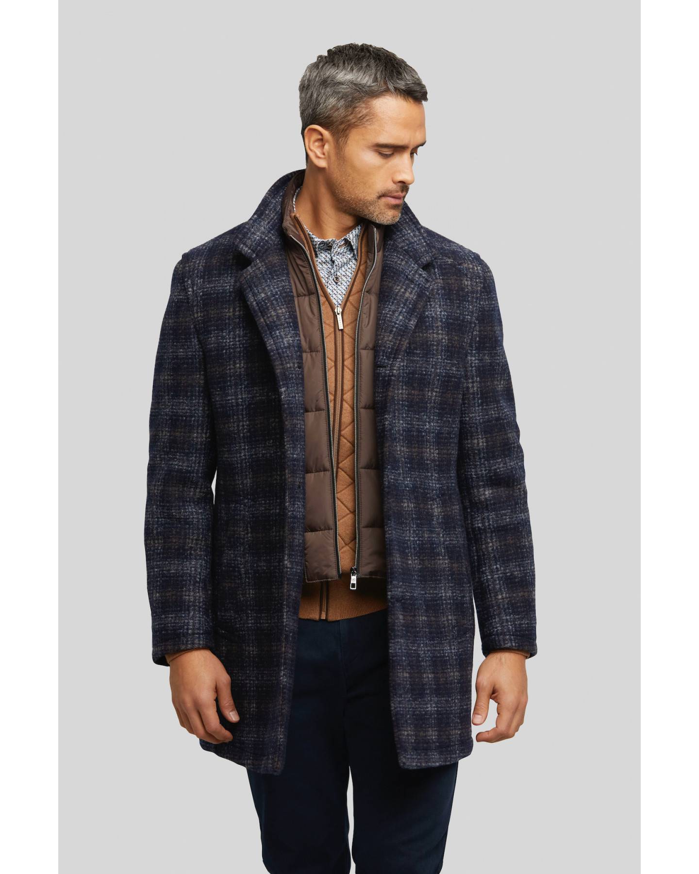 Bugatti Flexcity Navy Check Wool Overcoat with removable bib