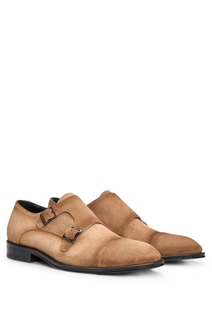 BOSS SUEDE MONK SHOES WITH DOUBLE STRAP AND BRANDING