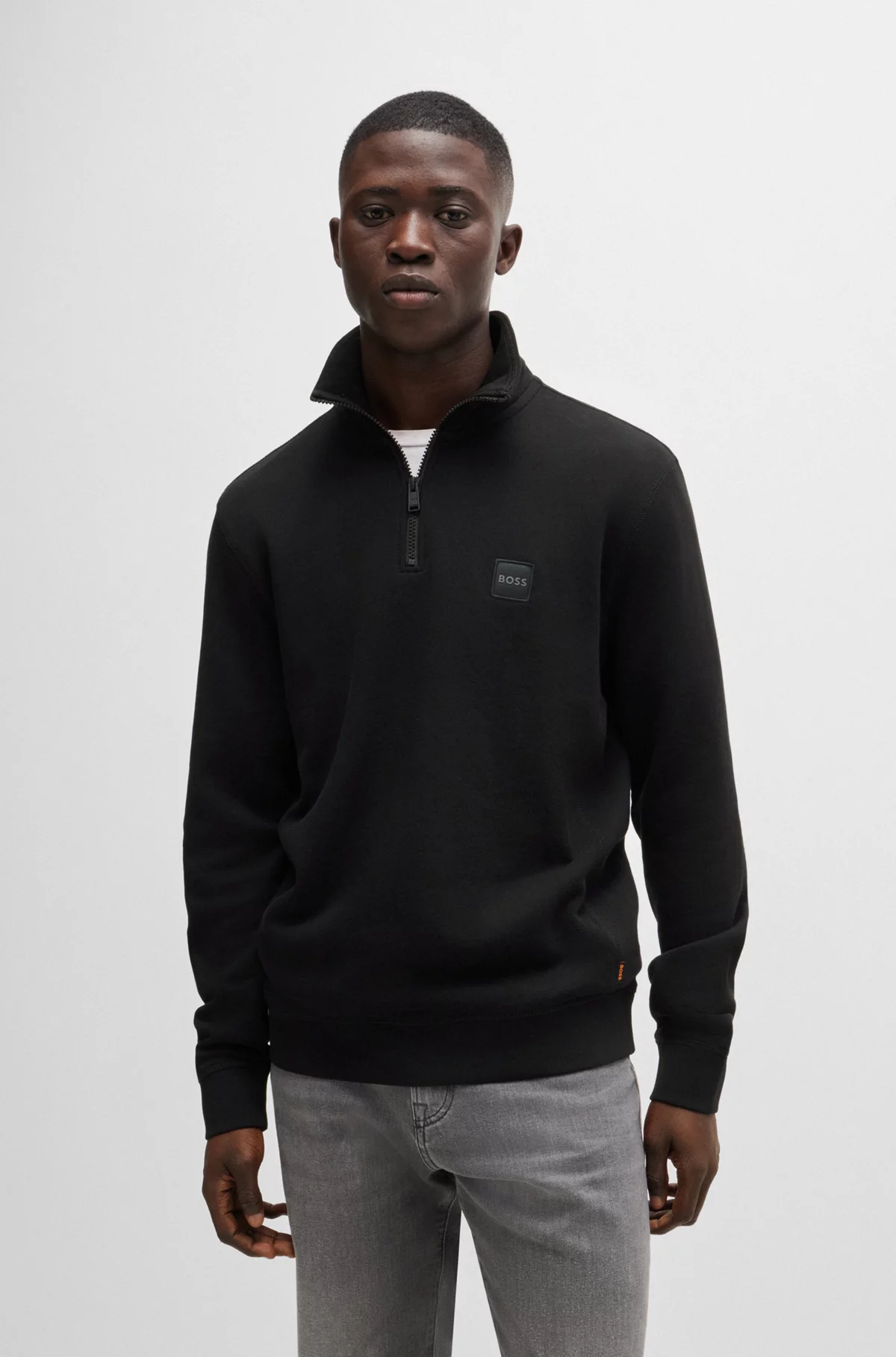 Boss- Cotton Terry Zip-Neck Sweatshirt with Logo Patch