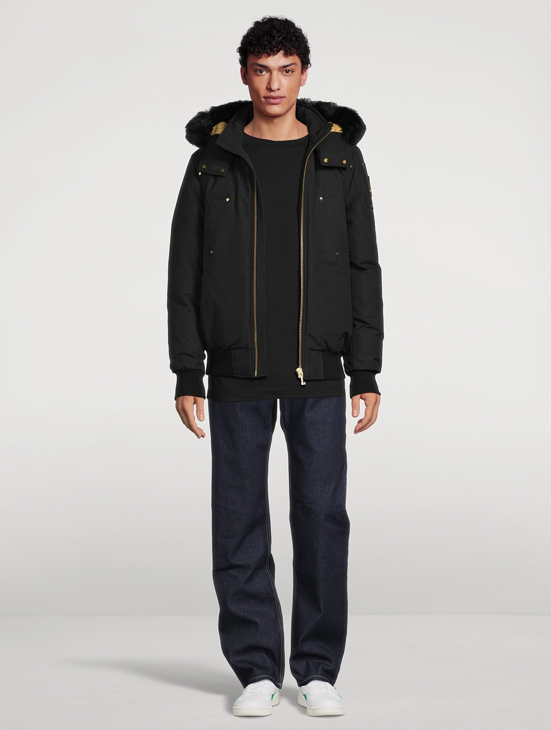 Moose knuckles Mens Little Rapids Black Bomber with Black Shearling