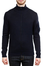 C.P. Company Lens Waffle Knit Zip Cardigan in Navy