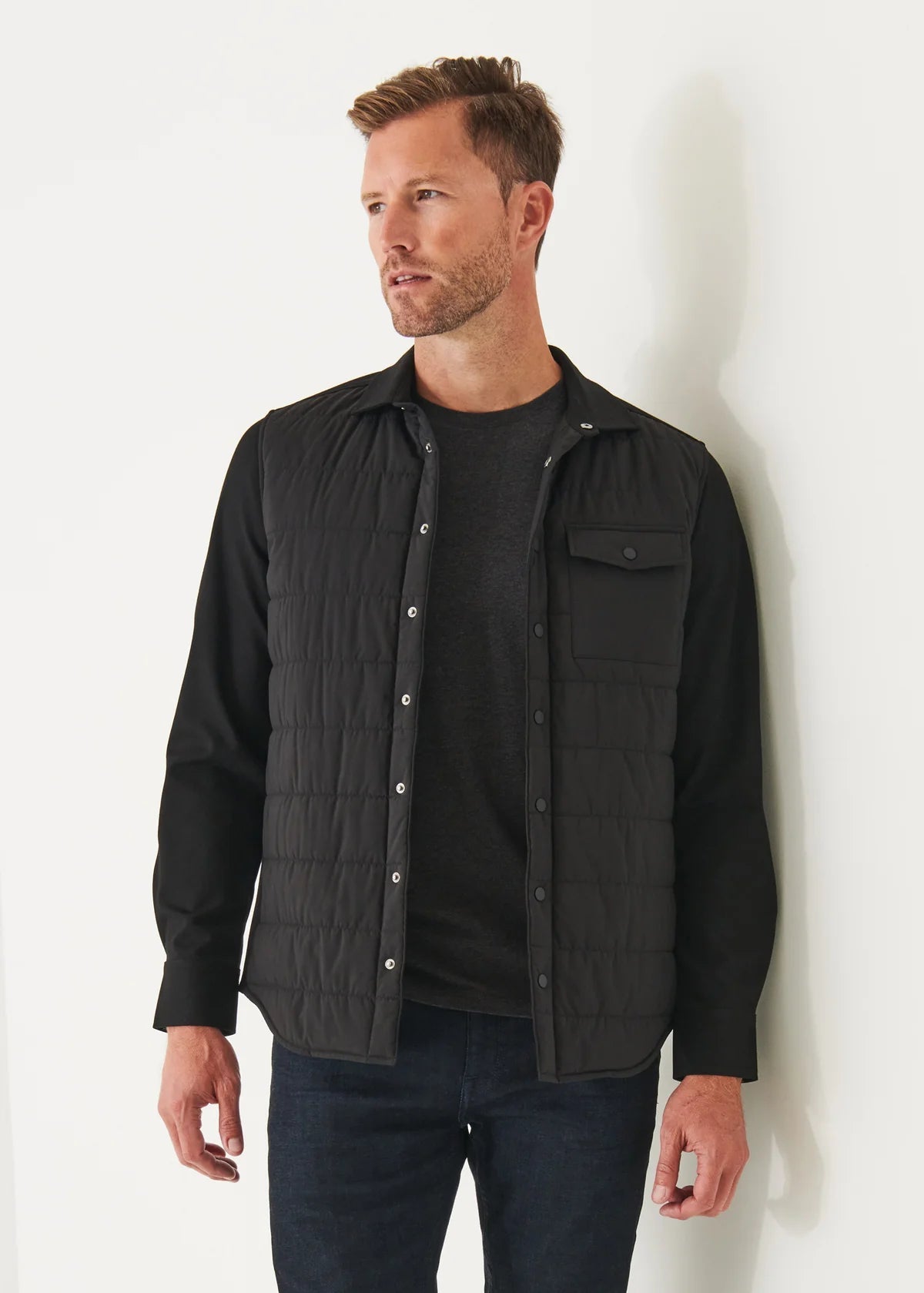 Patrick Assaraf Quilted Black Snap Front Shirt Jacket