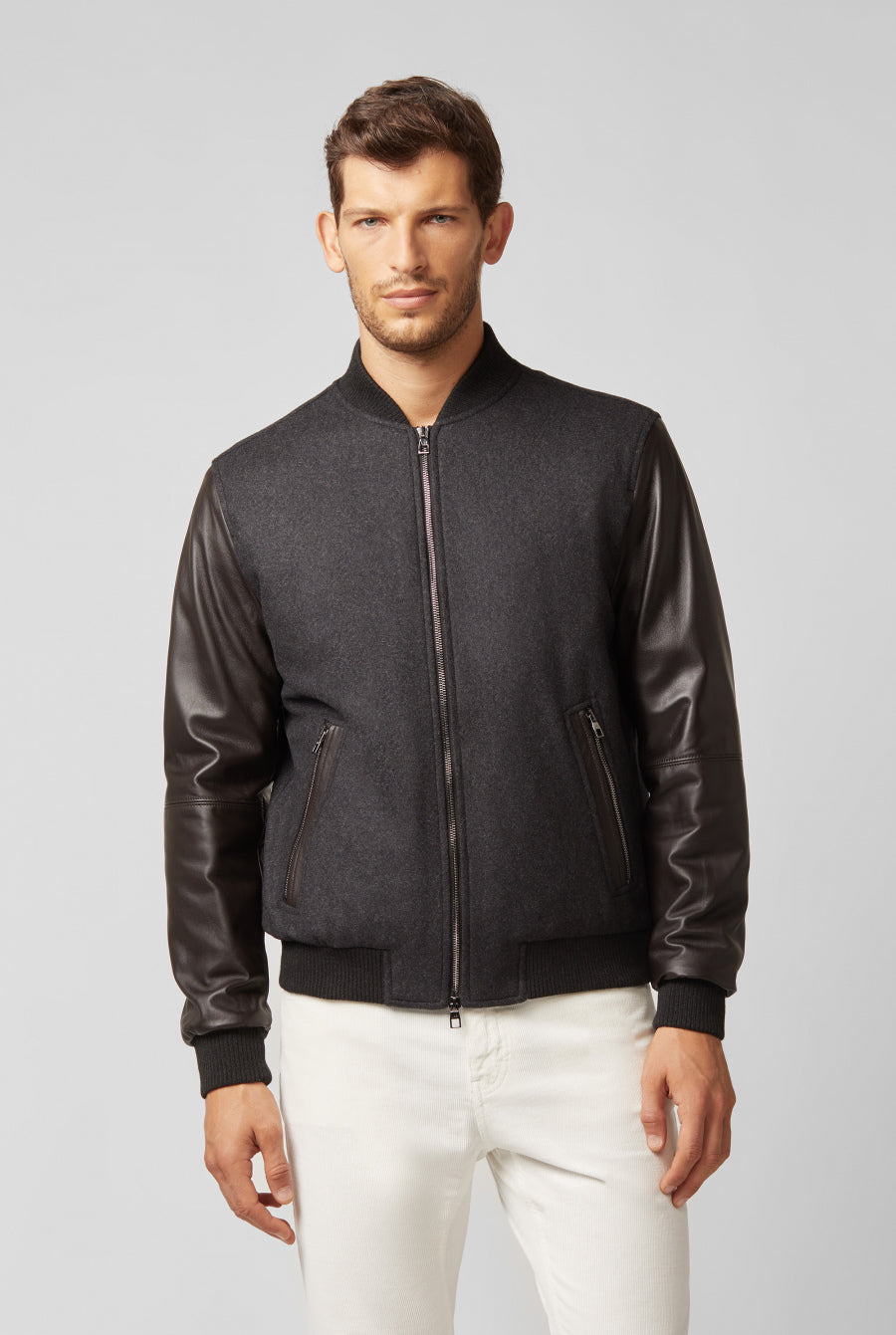 LAB by PAL ZILERI Wool bomber with leather sleeves